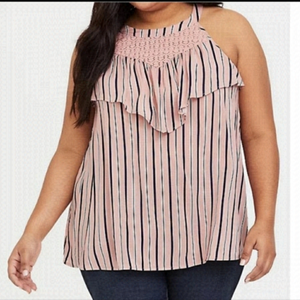 Torrid | Pink Striped High Neck Challis Ruffle Lace Tank Top